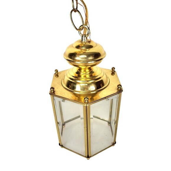 Vintage Brass & Glass Hexagon Regency Pendant Entryway Hanging Light Fixture - Picture 3 of 9